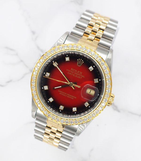 Mens Rolex Datejust - Factory RED Diamond Dial & Diamond Bezel - Box & Papers - Image 4