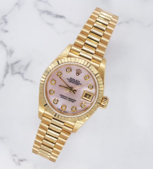 MINT Ladies 18ct Gold Rolex Datejust - PINK MOP Diamond Dial - Box & Papers - Image 4
