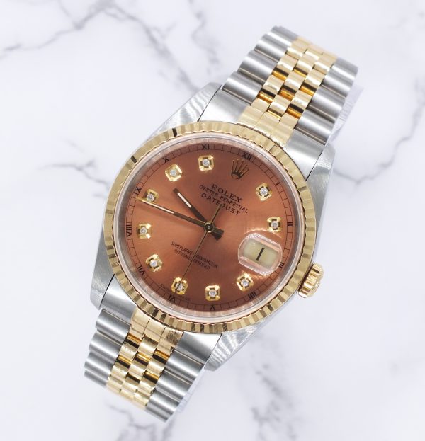 Gents Rolex Datejust in Steel & Gold with Salmon Diamond Dial - Box and Papers - Image 4