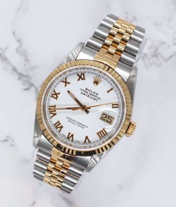Gents Steel & 18k Gold Rolex Datejust with White Roman Numeral Dial, Box & Paper - Image 4