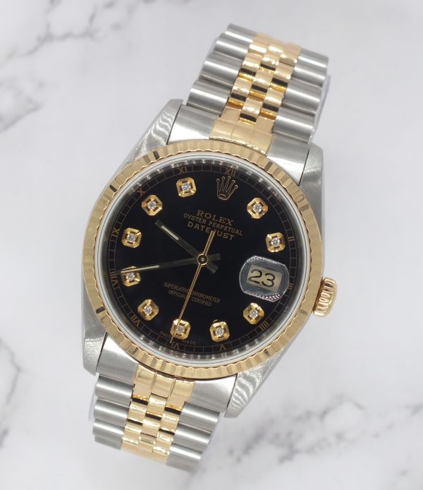 Gents Steel & Gold Rolex Datejust 16233 Black Diamond Dial with Box and Papers. - Image 4