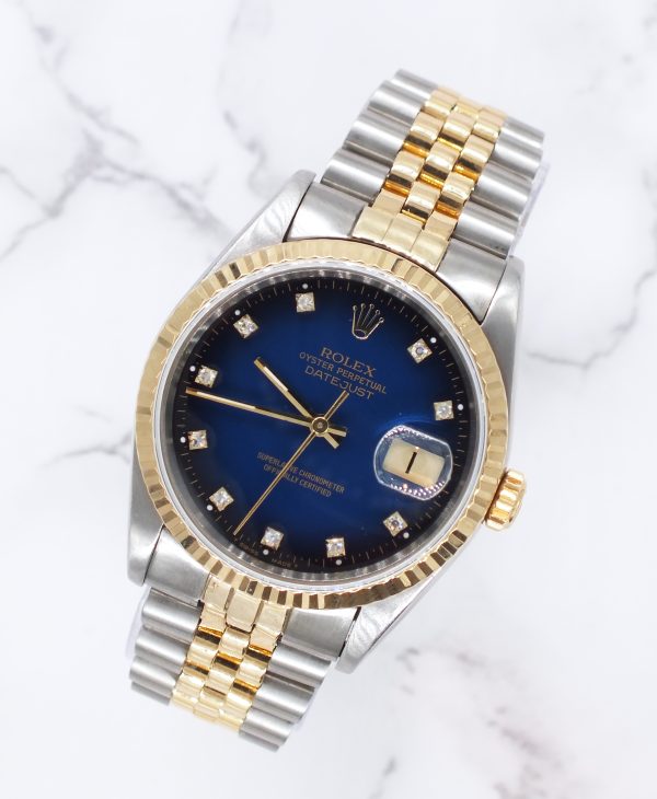 Mens Steel & Gold Rolex Datejust with Factory Blue Vignette Diamond Dial - Box and Papers. - Image 4