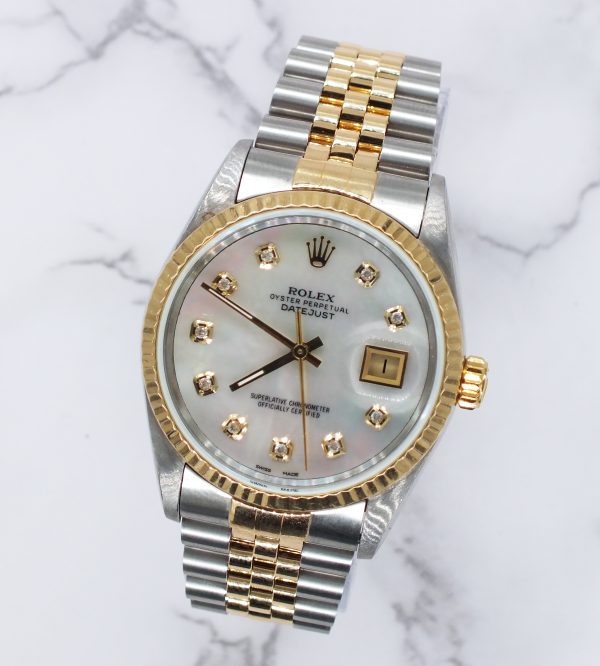 Mens Rolex Datejust in Steel & Gold with White MOP Diamond Dial - Box / Papers. - Image 4