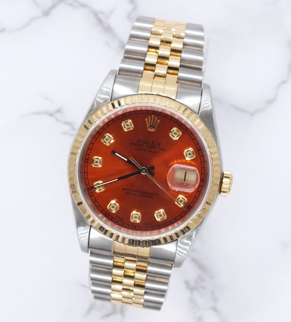 Mens Rolex Datejust 16233 with Sunburst Orange Diamond Dial - Box and Papers. - Image 4