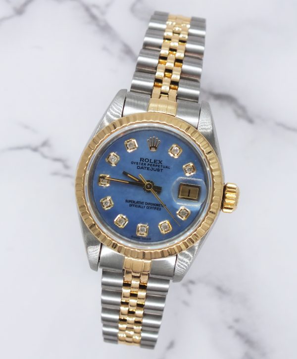 Ladies Rolex Datejust in Steel & Gold with Blue MOP Diamond Dial - Box & Papers - Image 4