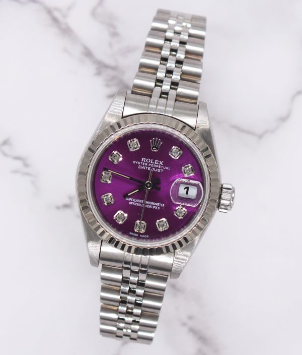 Ladies Rolex Datejust 26mm in Steel & Gold - Purple Diamond Dial – B+P - MINT! - Image 4