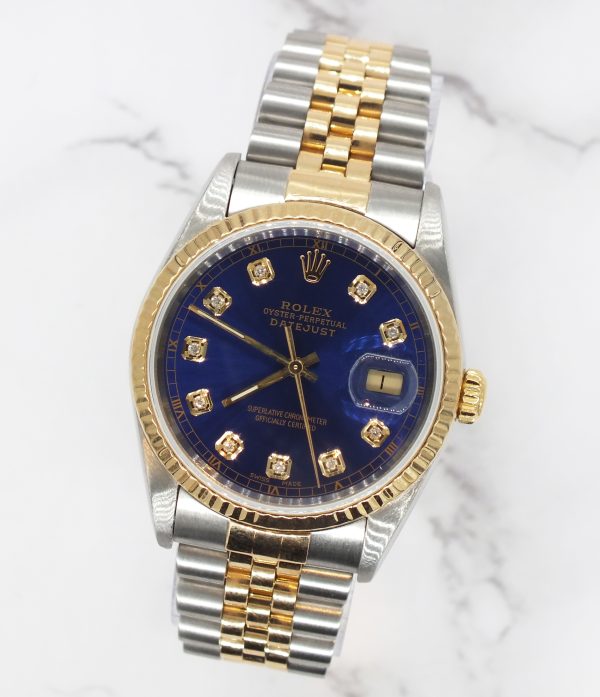 Gents Steel & Gold Rolex Datejust 16233 Blue Diamond Dial with Box and Papers. - Image 4