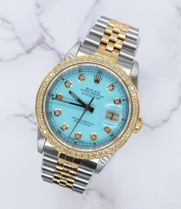 Men's Steel & Gold Rolex Datejust 16233, Tiffany Blue Diamond Dial and Bezel - Box & Papers. - Image 4