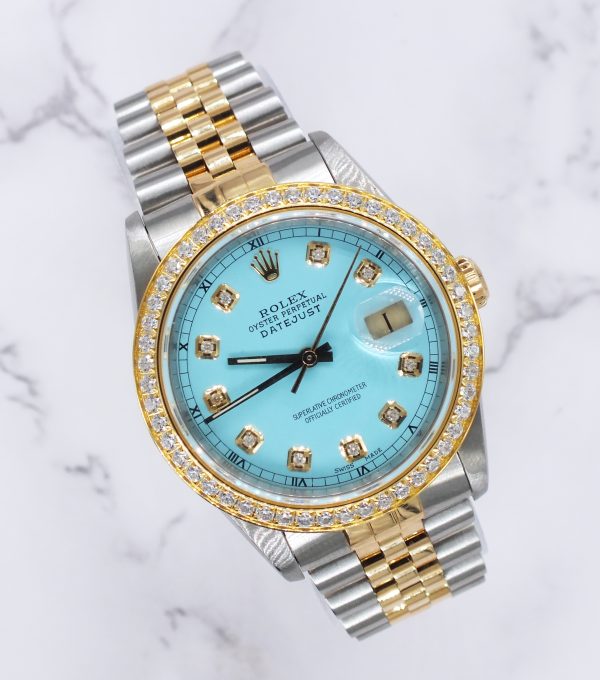 Men's Steel & Gold Rolex Datejust 16233, Tiffany Blue Diamond Dial and Bezel - Box & Papers. - Image 5