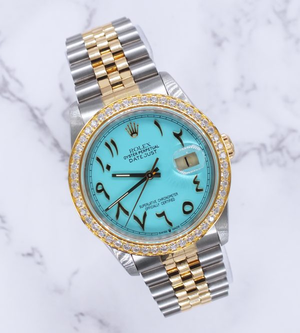 Men's Steel & Gold Rolex Datejust 16233, Tiffany Blue Arabic Dial and Bezel. Box and Papers. - Image 5