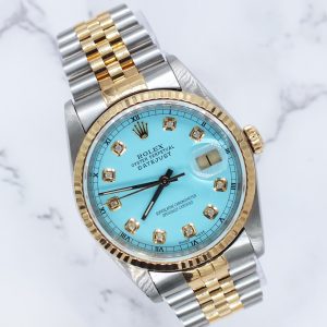 Gents Steel & Gold Rolex Datejust Tiffany Blue Diamond Dial with Box & Papers.