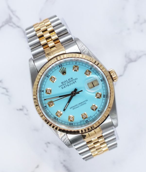 Gents Steel & Gold Rolex Datejust Tiffany Blue Diamond Dial with Box & Papers.