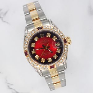 Ladies Rolex Datejust in Steel & Gold with Red Diamond Dial, Bezel & Shoulders.