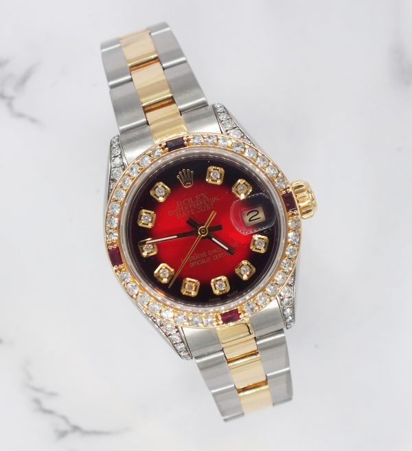 Ladies Rolex Datejust in Steel & Gold with Red Diamond Dial, Bezel & Shoulders.