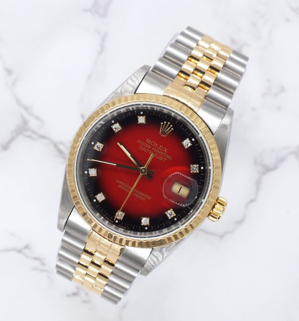 Gents Rolex Datejust in Steel & Gold - Factory Red Vignette Diamond Dial - Box and Papers. - Image 4