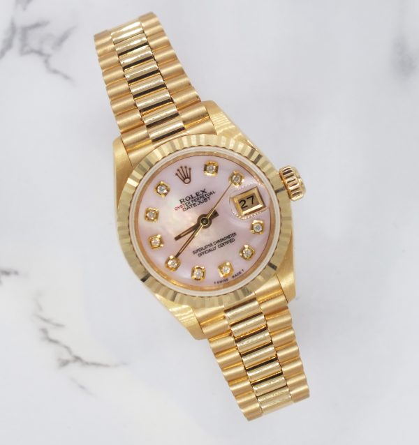 MINT Ladies 18ct Gold Rolex Datejust - PINK MOP Diamond Dial - Box & Papers - Image 5