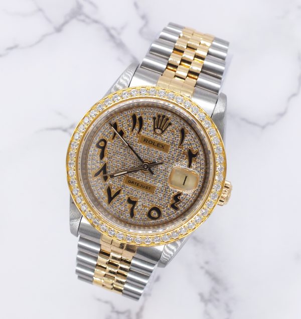 Gents Rolex Datejust in Steel & Gold with Pave Arabic Dial and Diamond Bezel - Image 4