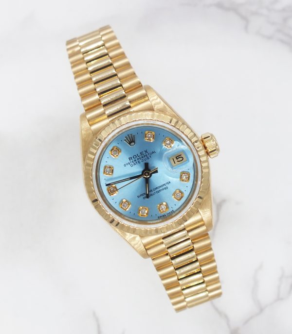 Stunning 18ct Gold Ladies Rolex Datejust - Blue Diamond Dial - Box and Papers. - Image 5