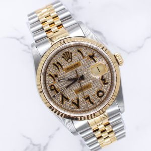 Gents Steel & Gold Rolex Datejust with Pave Arabic Diamond Dial - Box & Papers.