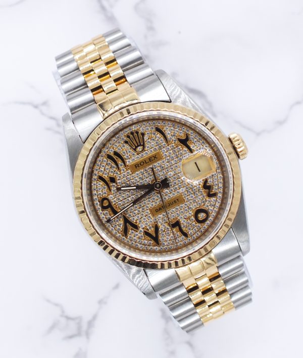 Gents Steel & Gold Rolex Datejust with Pave Arabic Diamond Dial - Box & Papers.
