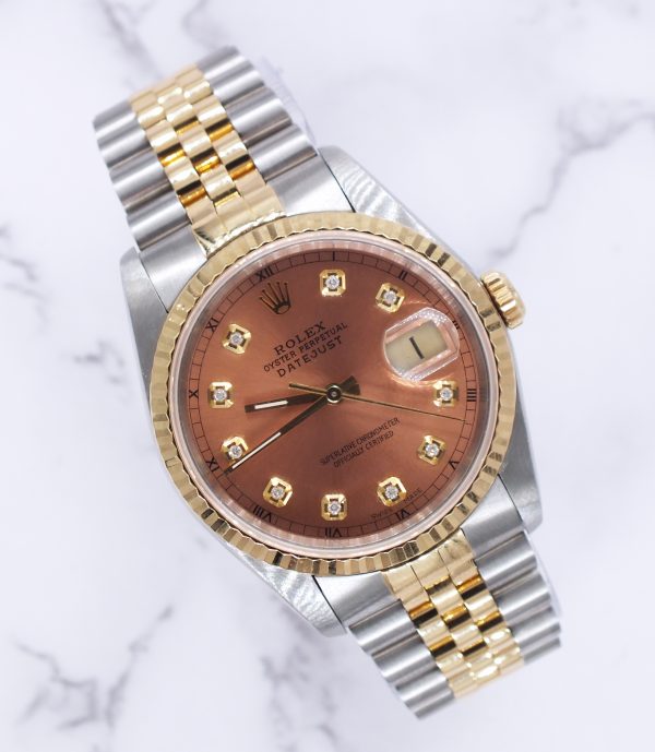 Gents Rolex Datejust in Steel & Gold with Salmon Diamond Dial - Box and Papers - Image 5
