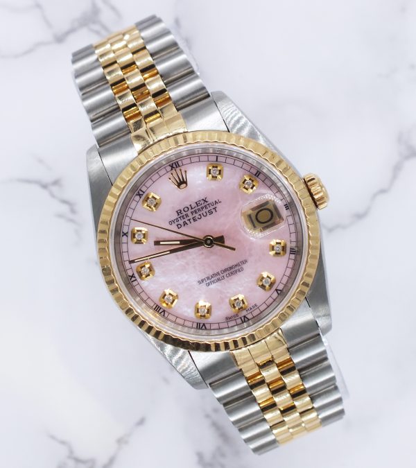 MINT Gents Steel & Gold Rolex Datejust Pink MOP Diamond Dial with Box & Papers. - Image 5