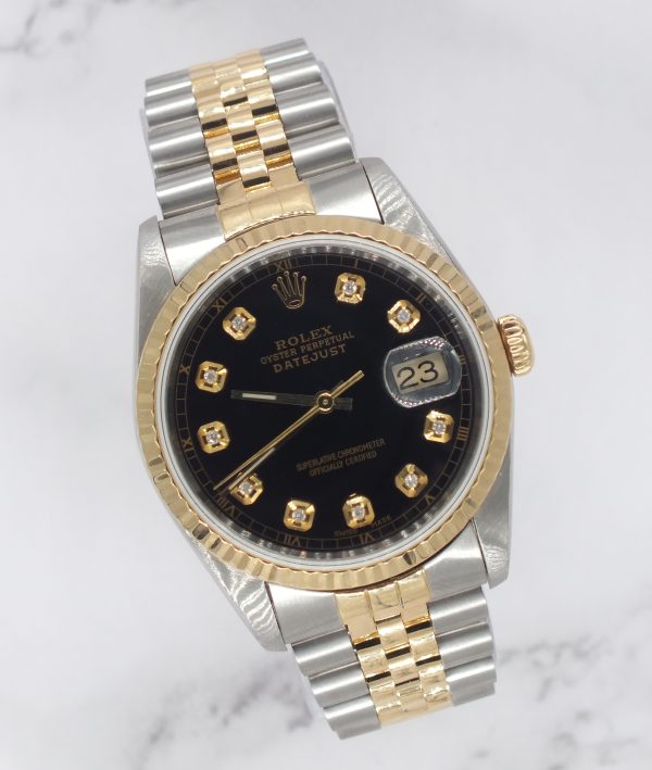 Gents Steel & Gold Rolex Datejust 16233 Black Diamond Dial with Box and Papers. - Image 5