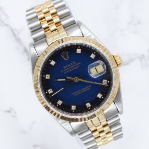 Mens Steel & Gold Rolex Datejust with Factory Blue Vignette Diamond Dial - Box and Papers.