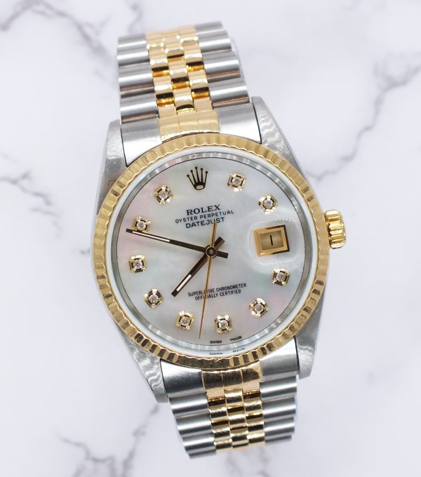 Mens Rolex Datejust in Steel & Gold with White MOP Diamond Dial - Box / Papers. - Image 5