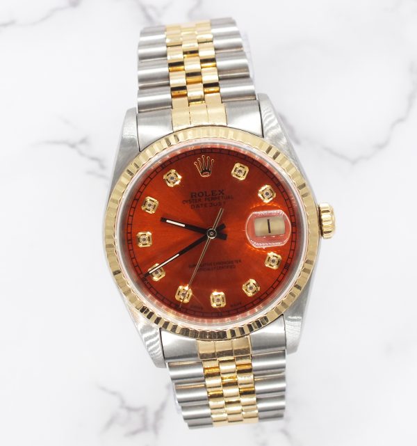 Mens Rolex Datejust 16233 with Sunburst Orange Diamond Dial - Box and Papers. - Image 5