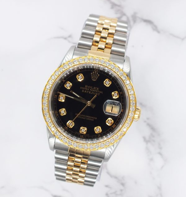Gents Steel & Gold Rolex Datejust 16233 Black Diamond Dial & Bezel - Box & Paper - Image 4