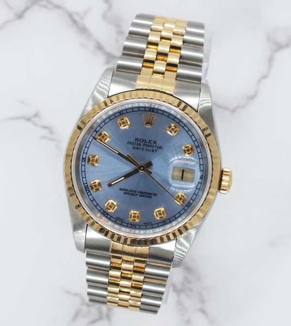 Gents Steel & Gold Rolex Datejust 16233 Sky Blue Diamond Dial with Box & Papers. - Image 4