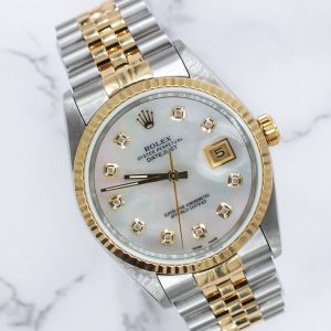 Mens Rolex Datejust 16233 with White MOP Diamond Dial - Box / Papers.