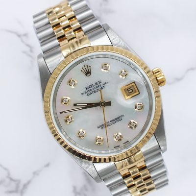 Mens Rolex Datejust 16233 with White MOP Diamond Dial - Box / Papers.
