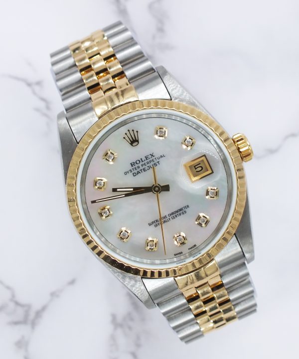 Mens Rolex Datejust 16233 with White MOP Diamond Dial - Box / Papers.
