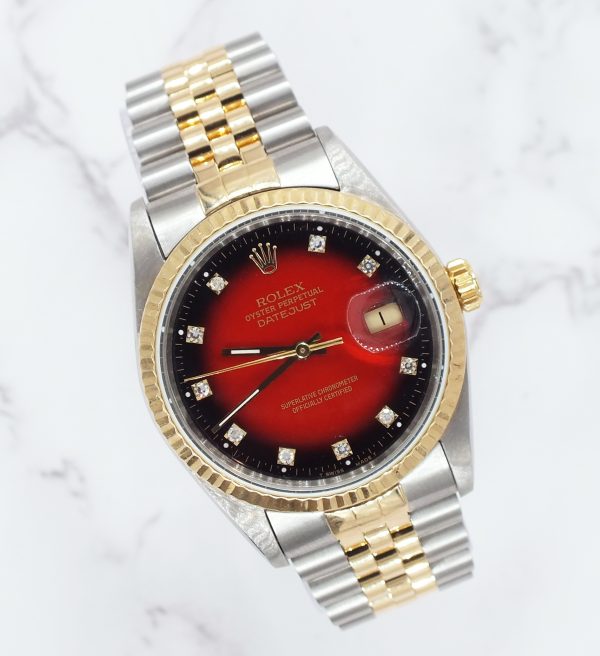 Gents Rolex Datejust in Steel & Gold - Factory Red Vignette Diamond Dial - Box and Papers. - Image 5