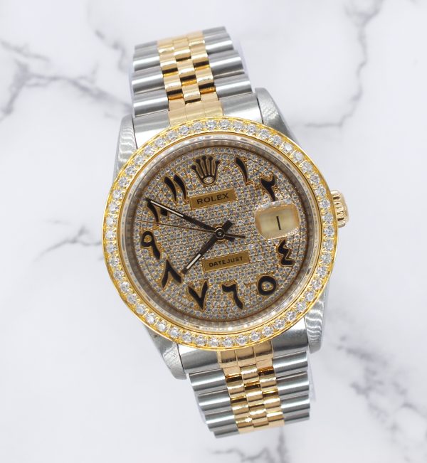 Gents Rolex Datejust in Steel & Gold with Pave Arabic Dial and Diamond Bezel - Image 5