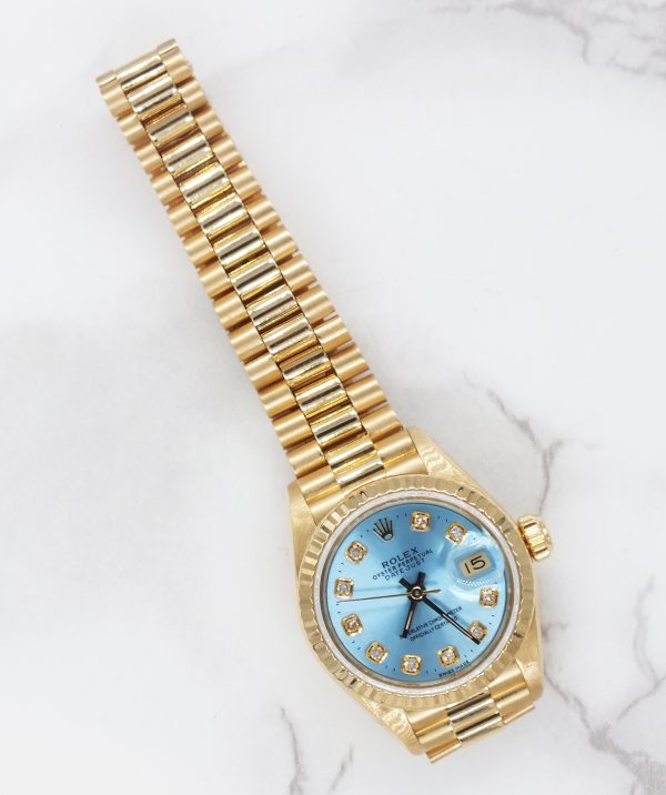 Stunning 18ct Gold Ladies Rolex Datejust - Blue Diamond Dial - Box and Papers. - Image 6