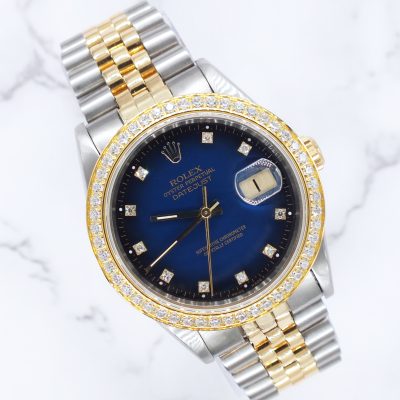 Mens Rolex Datejust - Factory BLUE Diamond Dial & Diamond Bezel - Box & Papers