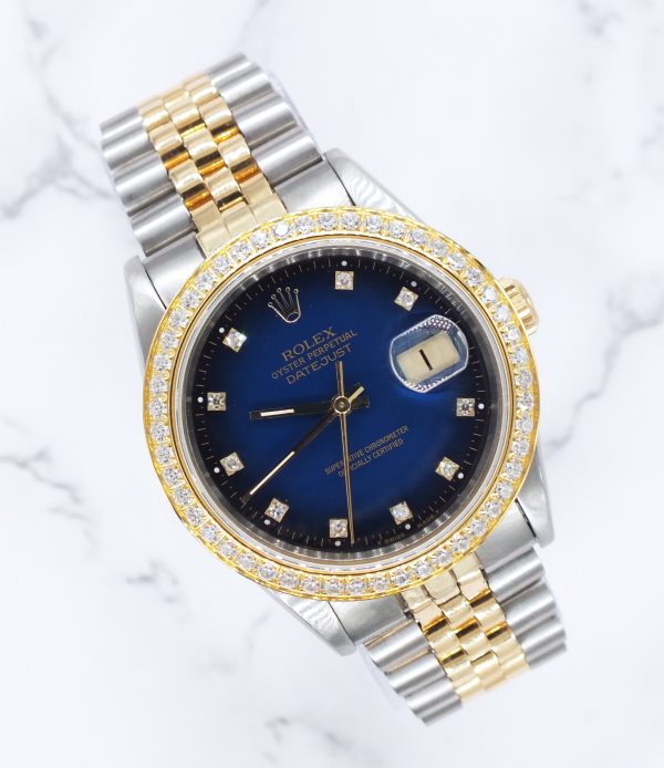 Mens Rolex Datejust - Factory BLUE Diamond Dial & Diamond Bezel - Box & Papers