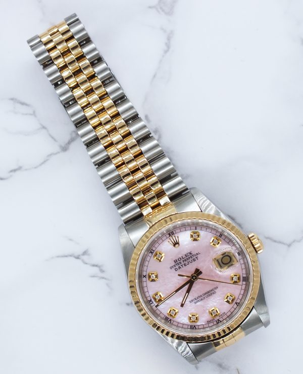 MINT Gents Steel & Gold Rolex Datejust Pink MOP Diamond Dial with Box & Papers. - Image 6