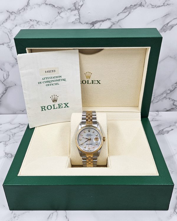 Mens Rolex Datejust in Steel & Gold with White MOP Diamond Dial - Box / Papers. - Image 6