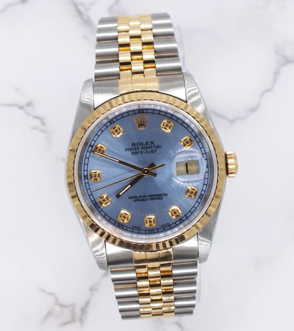 Gents Steel & Gold Rolex Datejust 16233 Sky Blue Diamond Dial with Box & Papers. - Image 5
