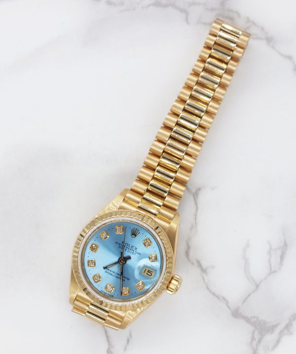 Stunning 18ct Gold Ladies Rolex Datejust - Blue Diamond Dial - Box and Papers. - Image 7