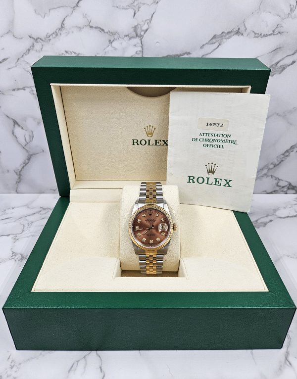 Gents Rolex Datejust in Steel & Gold with Salmon Diamond Dial - Box and Papers - Image 7
