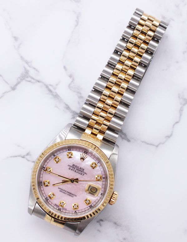 MINT Gents Steel & Gold Rolex Datejust Pink MOP Diamond Dial with Box & Papers. - Image 7