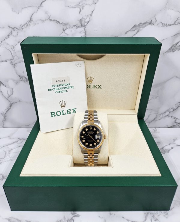 Gents Steel & Gold Rolex Datejust 16233 Black Diamond Dial with Box and Papers. - Image 6