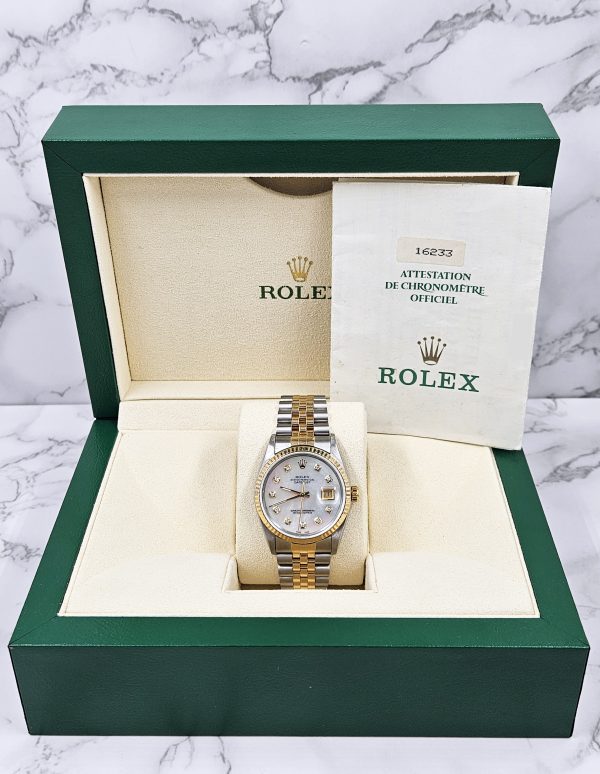 Mens Rolex Datejust in Steel & Gold with White MOP Diamond Dial - Box / Papers. - Image 7