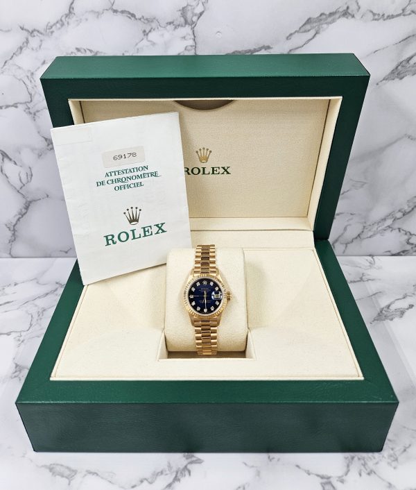 RARE Ladies 18ct Gold Rolex Datejust - Blue Vignette Diamond Dial - Box & Papers. - Image 5