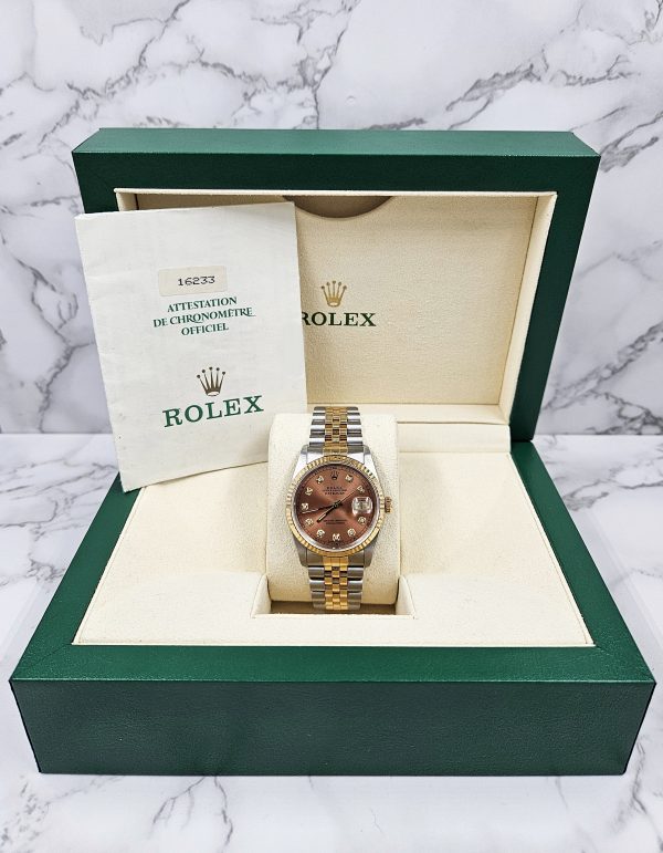 Gents Rolex Datejust in Steel & Gold with Salmon Diamond Dial - Box and Papers - Image 6